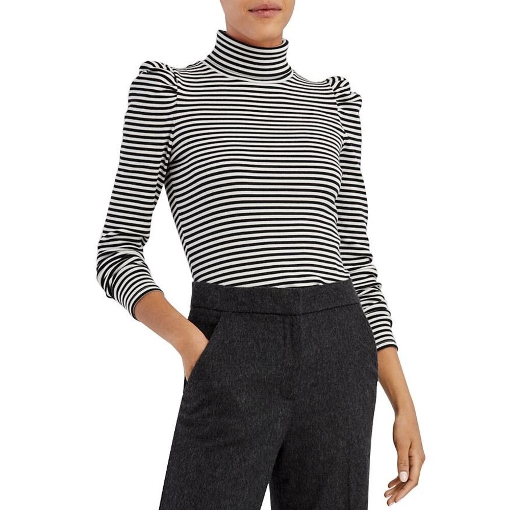 Veronica Beard Cedar Turtleneck Rib Knit Top Sweater in Black White Stripe